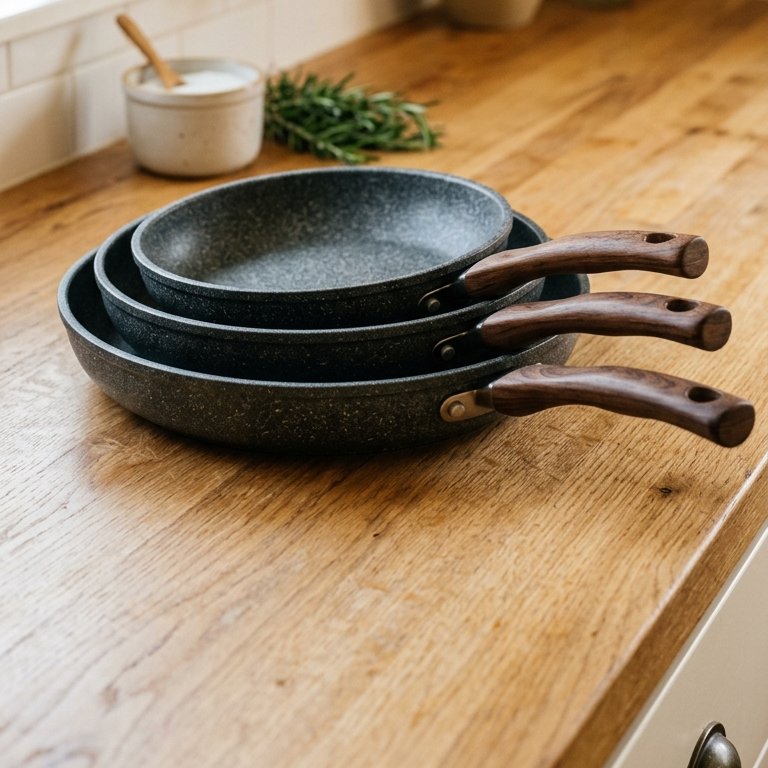 A set of stone nonstick pans on an oak worktop
